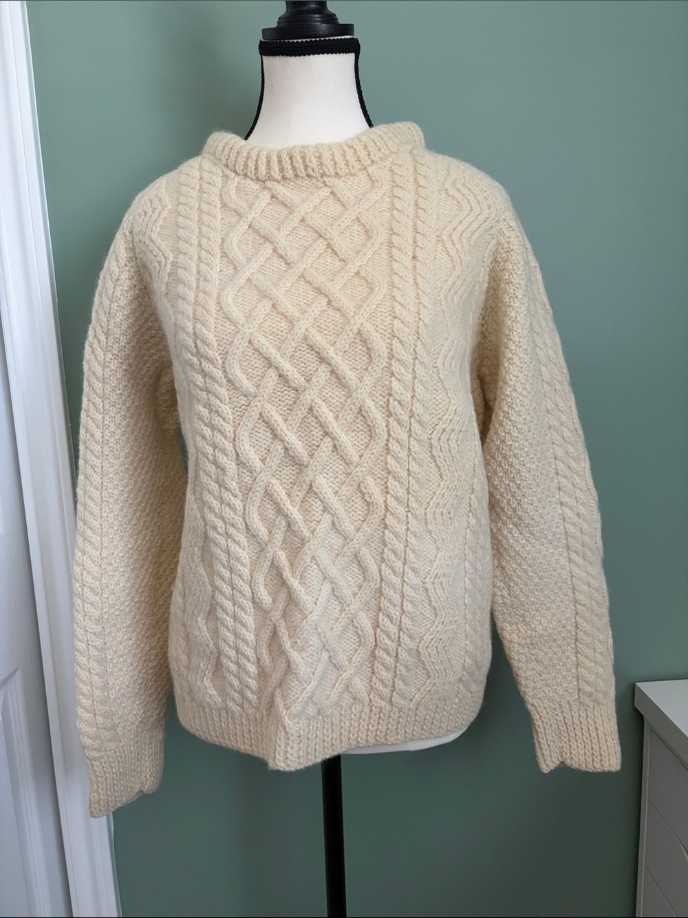 Vintage Cream Cable-Knit Crewneck Sweater - Hand made